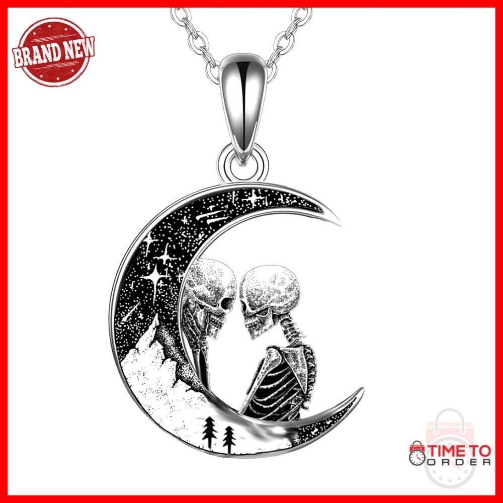 925 Sterling Silver Crescent Moon Skull Pendant Necklace Gothic Jewelry
